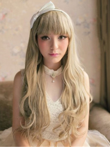 Perruque 28 inches couleur de lin ébouriffée en fibre résistante à la chaleur frange droite