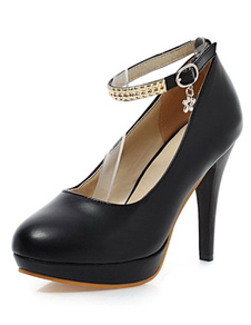 Chaussures à talons à talons aigus en PU ruban aux chevilles avec strass