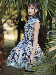 Robe lolita en lin de coton multicolore impression frangée col montant