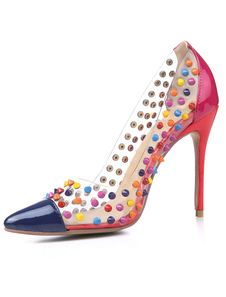 Escarpins à bout pointu et talons aigus en PVC multicolore talons couverts avec rivet