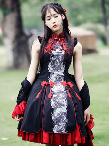 Robe lolita en rayonne multicolore impression frangée col montant