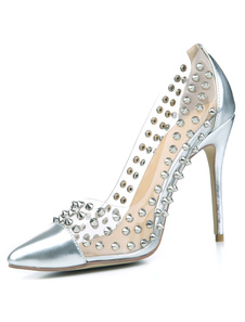 Escarpins à bout pointu et talons aigus en PU verni talons couverts avec rivet