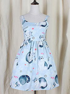 Robe lolita en lin de coton bleu claire impression