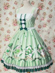 Robe lolita en coton vert claire impression avec noeud