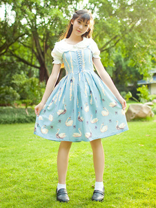Robe lolita en chiffon bleu claire impression avec lacets