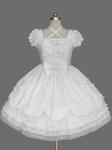 Robe lolita en coton blanche avec noeud revers embelli