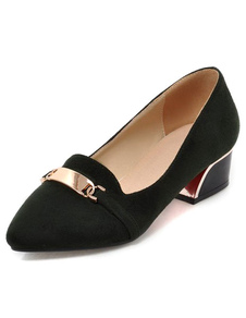 Chaussures à talons épais en cuir poncé talons couverts ornement métallique