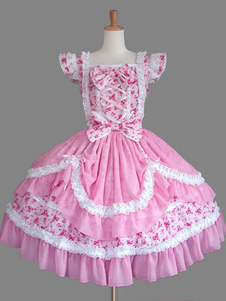Robe lolita en coton rose impression avec noeud