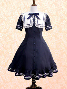 Robe lolita en coton bleu marine foncée avec noeud col à revers