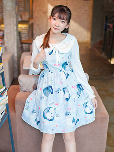 Robe lolita en lin de coton bleu claire impression