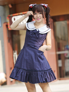 Robe lolita en coton bleu marine foncée avec noeud col à revers
