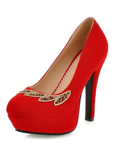 Escarpins à plateforme à talons aigus en cuir poncé rouge talons couverts avec strass