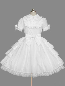 Robe lolita en coton blanche avec noeud revers embelli