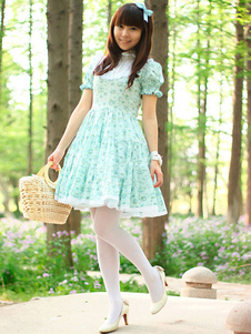 Robe lolita en coton bleu claire impression col montant