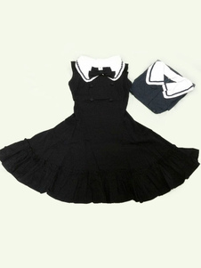 Robe lolita en coton bleu marine foncée avec noeud col à revers