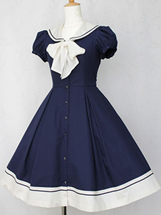 Robe lolita en coton bleu marine foncée avec noeud col à revers