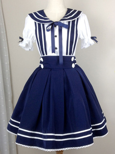 Robe lolita en coton bleu marine avec noeud col à revers