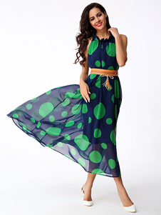 Robe longue en chiffon à pois col montant