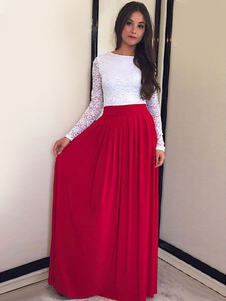 Robe longue en dentelle avec dentelle col ras du cou manches casaque