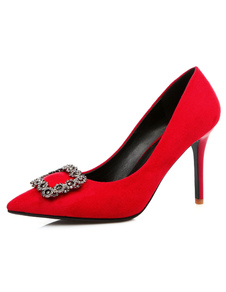 Escarpins à bout pointu et talons aigus en cuir poncé talons couverts ornement métallique