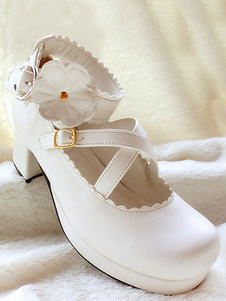 Chaussures de lolita blanc avec noeud à bout rond