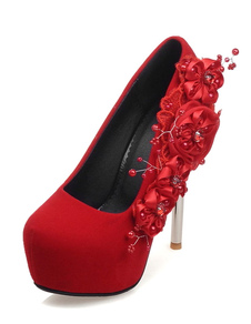Chaussures de mariée à talons en cuir poncé rouge avec dentelle talons couverts