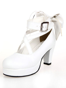 Chaussures de lolita sublimes blanc avec noeud à talons épais