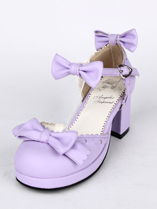 Chaussures de lolita parfaites lilas avec noeud à talons épais