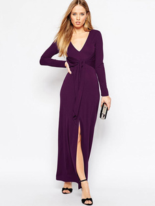 Robe longue pourpre col V manches amples