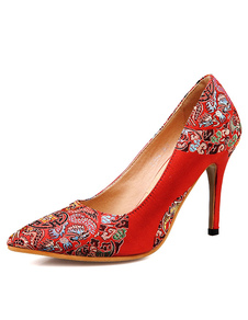 Chaussures de mariage à talons en satin rouge imprimé fleuri mocassin