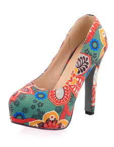 Escarpins à plateforme à talons aigus en PU mocassin imprimé fleuri