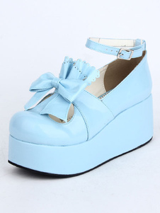 Chaussures lolita exquises bleu avec noeud à talons compensés