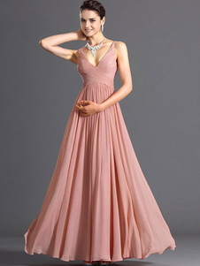 Robe longue rose en chiffon plissé col V