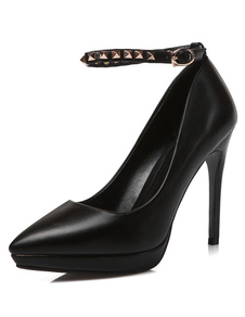 Escarpins à bout pointu et talons aigus en PU ruban aux chevilles avec rivet