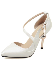 Escarpins à bout pointu et talons aigus en PU ruban aux chevilles ornement métallique