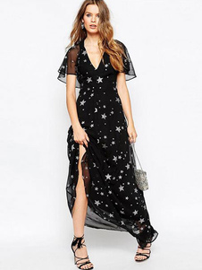 Robe longue noir en chiffon imprimé étoile transparent col V manches pétales