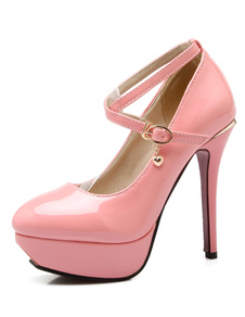 Escarpins à plateforme à talons aigus en PU verni ruban aux chevilles ornement métallique