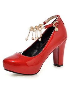 Chaussures plateforme de mariée en PU verni avec perles à talons aigus ruban aux chevilles