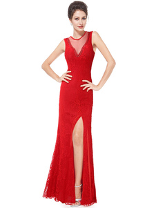 Robe longue en dentelle élastique avec dentelle col ras du cou