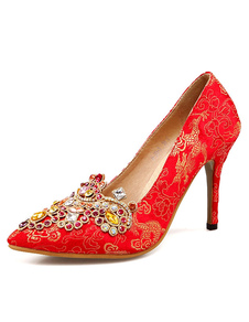 Chaussures de mariée à talons en satin rouge avec cristal mocassin