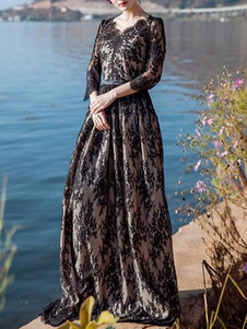 Robe longue en dentelle avec dentelle col V manches casaque