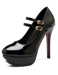 Eacarpins sublimes plateforme à talons aigus en PU verni ruban aux chevilles ornement métallique