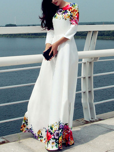 Robe longue blanc motif pivoine pendentif fleur imprimé fleuri col rond