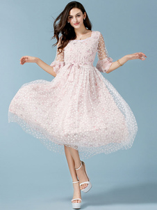 Robeskater sexy en acrylique rose à pois transparent col rond