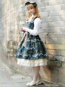 Robe à bretelles lolita éblouissante en coton vert foncée impression