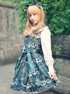 Robe à bretelles lolita en coton vert foncée impression