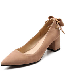 Chaussures à talons épais en cuir poncé talons couverts avec noeud