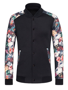 Blouson attrayant en coton noir imprimé fleuri