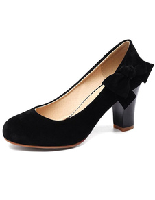 Chaussures à talons épais en cuir poncé talons couverts avec noeud