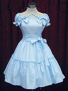 Robe lolita en coton bleu ciel claire avec noeud Jolie